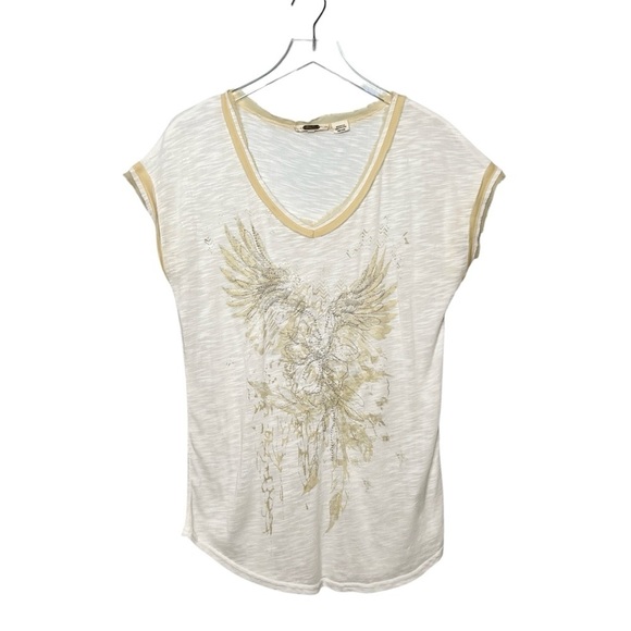 Miss Me Y2K Beaded Floral Angel Wings Womens Scoop Neck Cap Sleeve Slub Tee Sz L - Picture 1 of 11